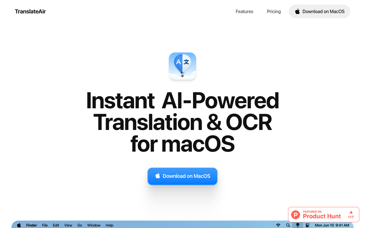 TranslateAir - Instant AI-Powered Translation for macOS