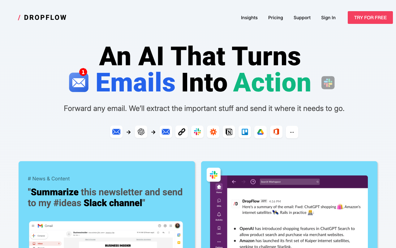 Dropflow - An AI that transforms your emails into useful actions automatically automation email-management productivity