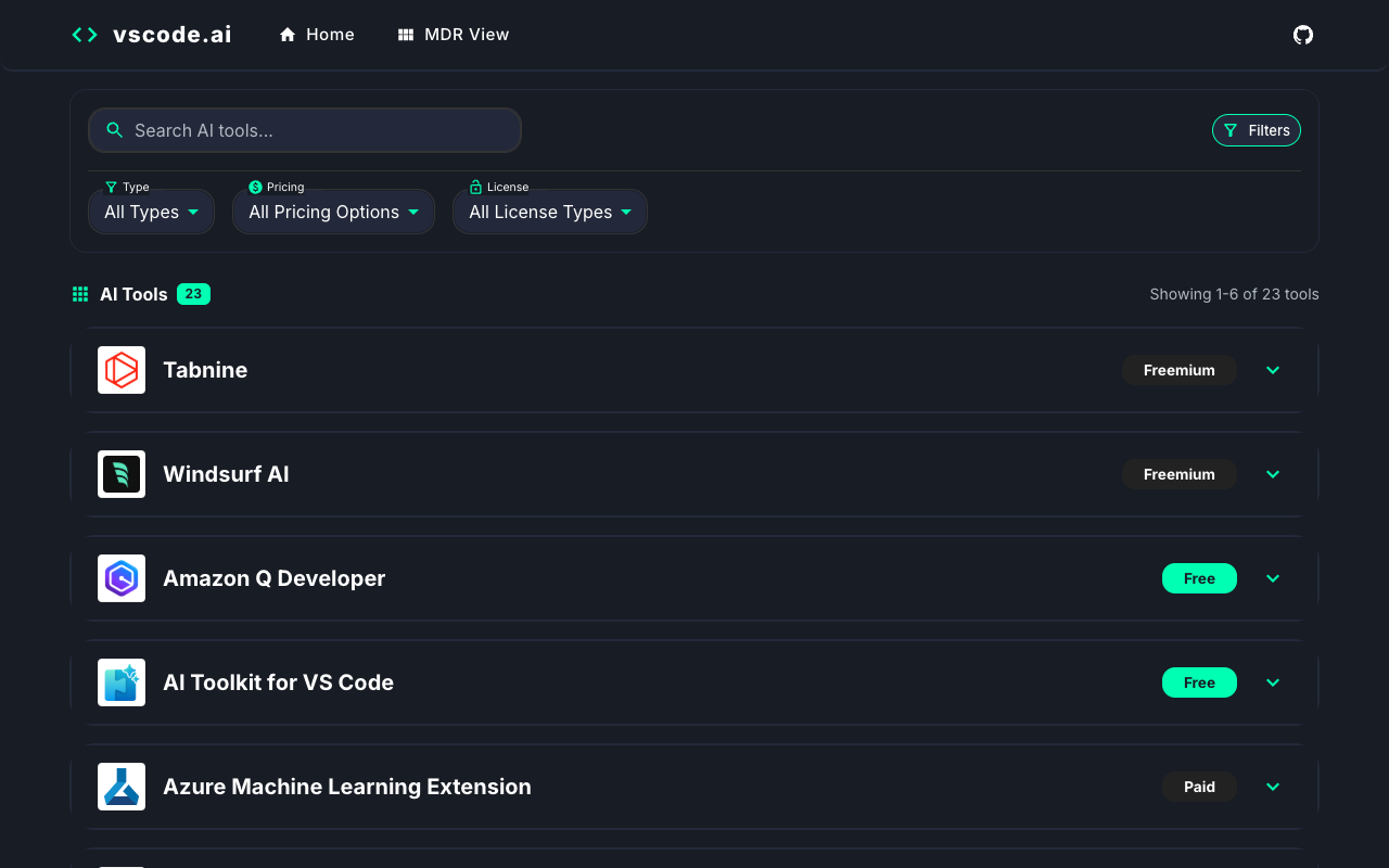 VSCode.ai - A community-curated database for discovering AI tools in Visual Studio Code