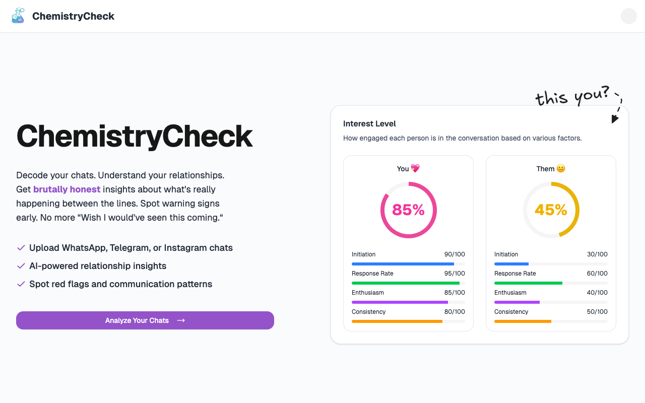 ChemistryCheck - An AI tool that reveals relationship patterns and emotional dynamics from your chats