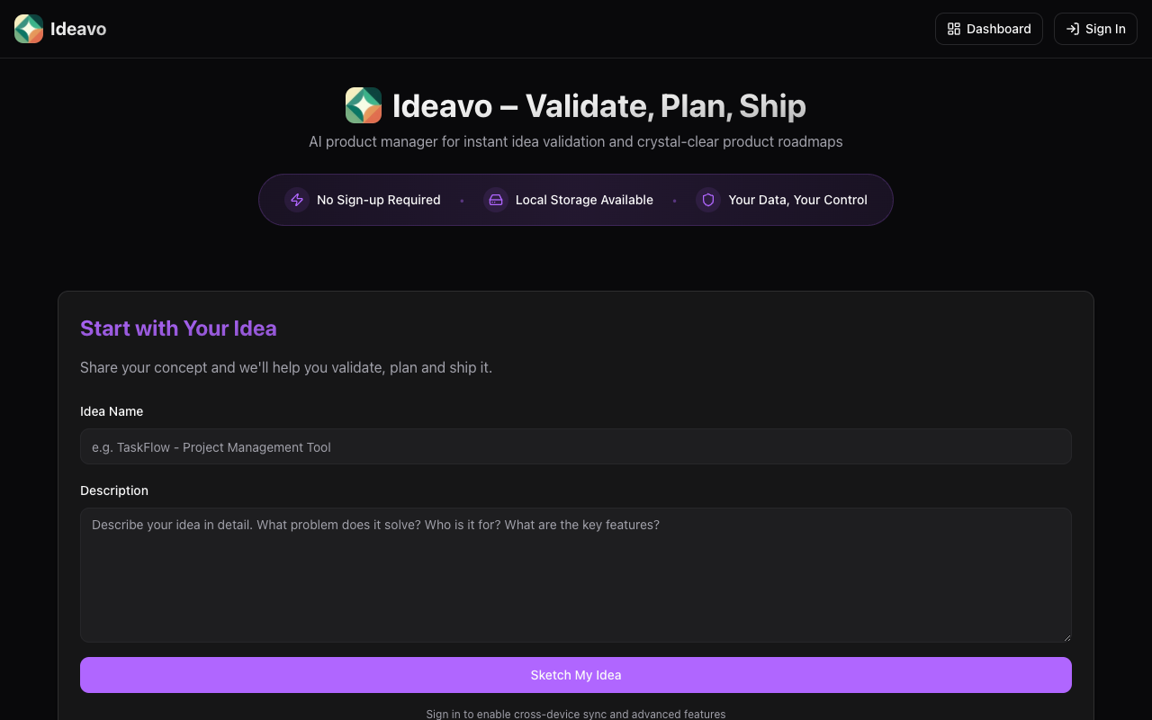 Ideavo - An AI product manager that helps validate ideas, plan roadmaps, and manage features