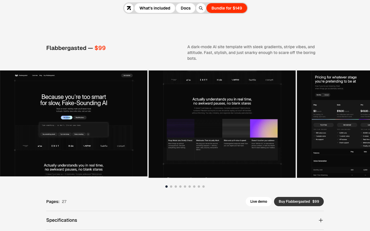 Flabbergasted - A sleek dark-mode AI site template for startups