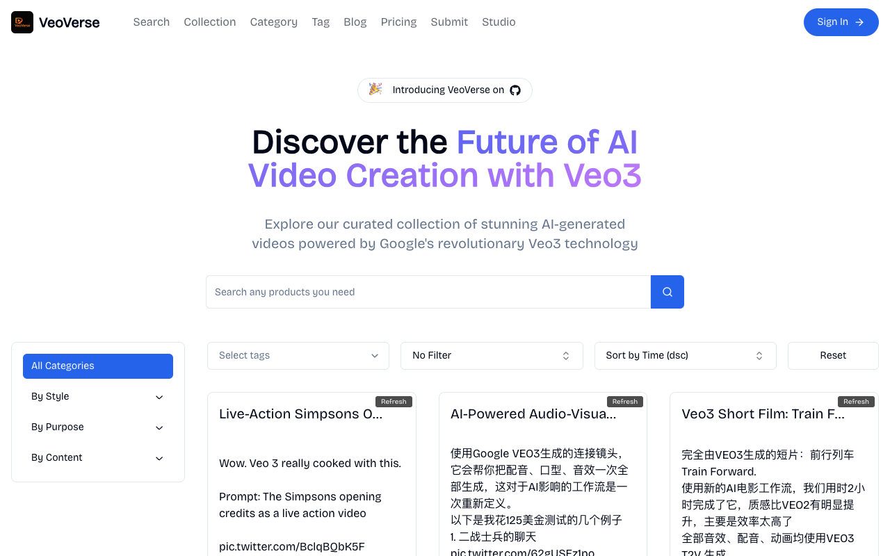 VeoVerse - A directory showcasing stunning AI-generated videos using Google's Veo3 technology