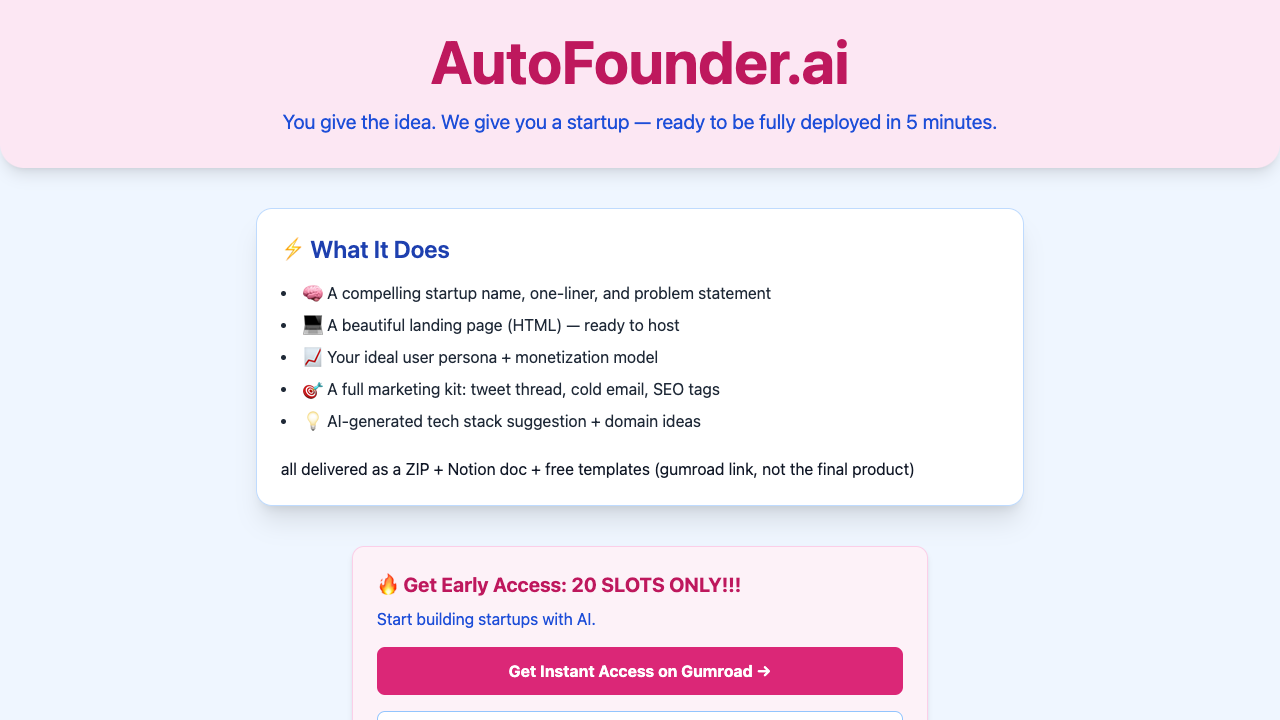 AutoFounderAI - AI that helps you build your startup in just 5 minutes