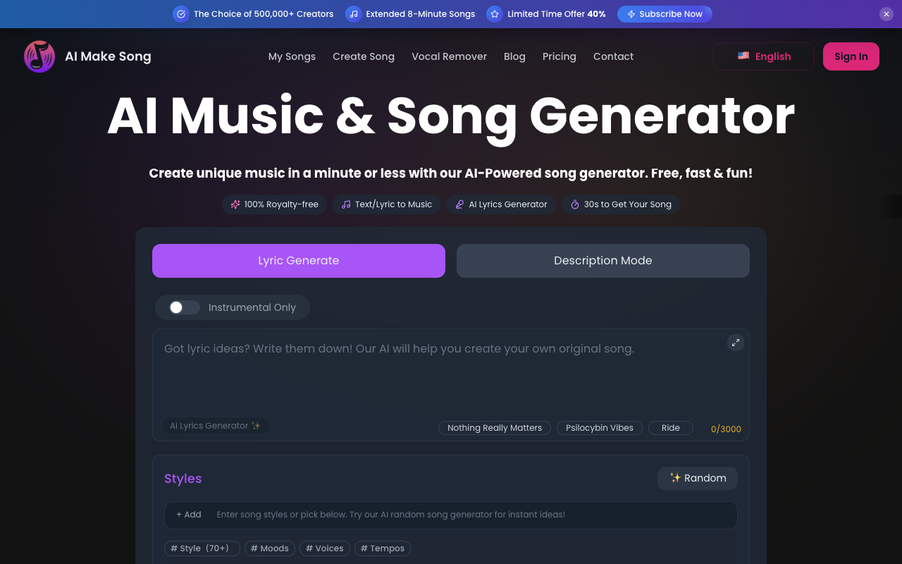 AiMakeSong - An AI music generator that creates songs from text instantly