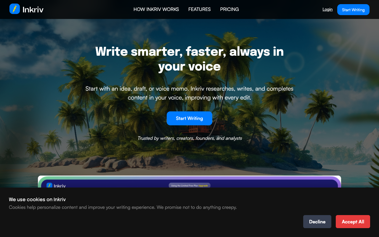Inkriv - The AI co-writer that learns to write in your voice