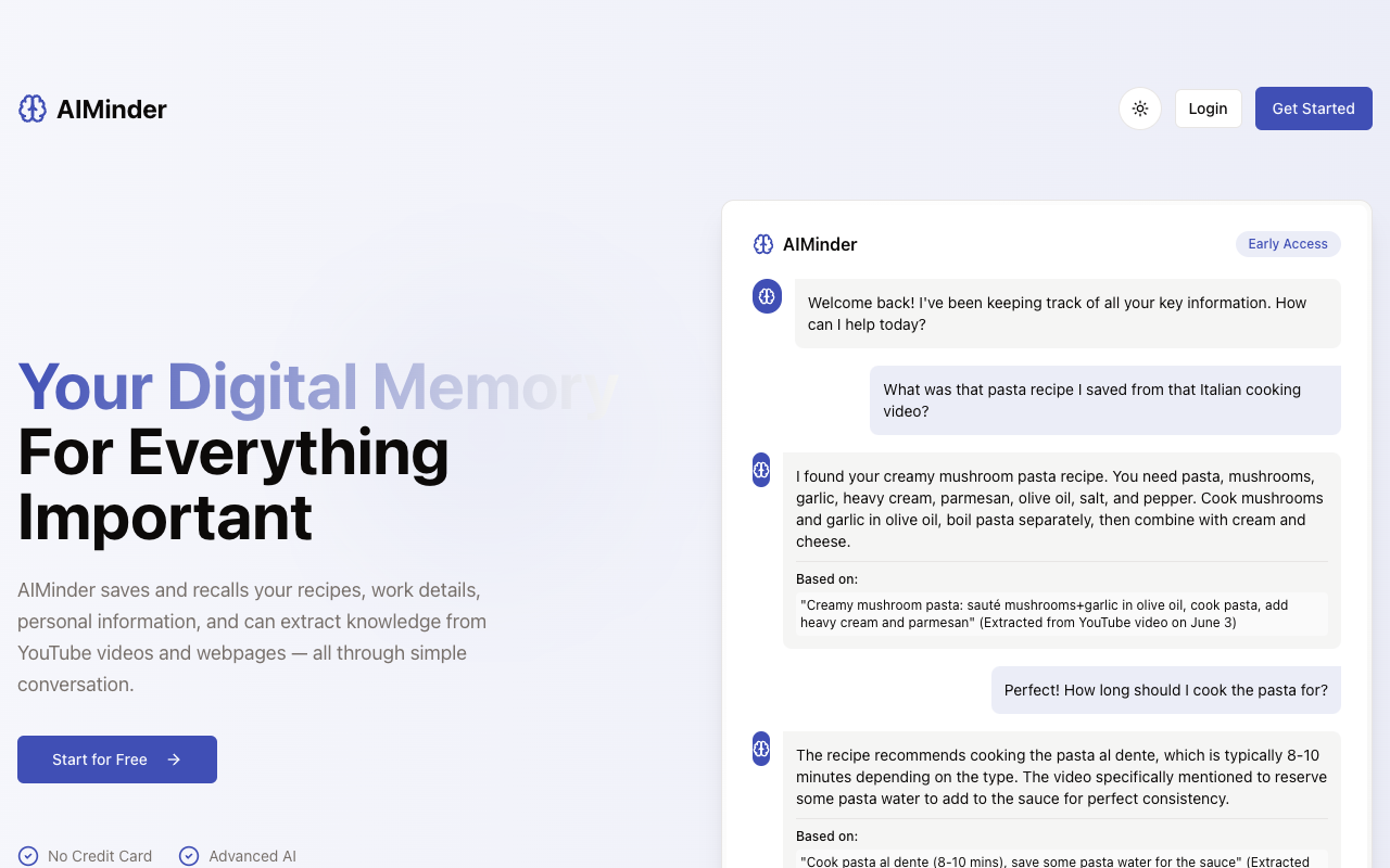 AIMinder - Your personal AI memory assistant for capturing and organizing thoughts AI memory productivity