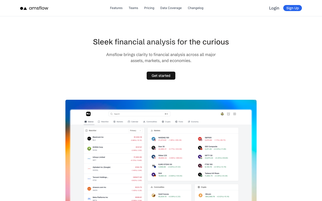 Amsflow - A modern financial intelligence platform for smarter investment decisions financial-analysis data-visualization AI
