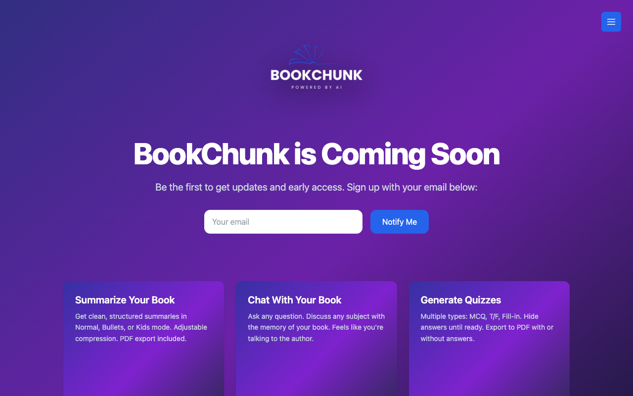 BookChunk - An AI tool to summarize, chat with, and quiz your books