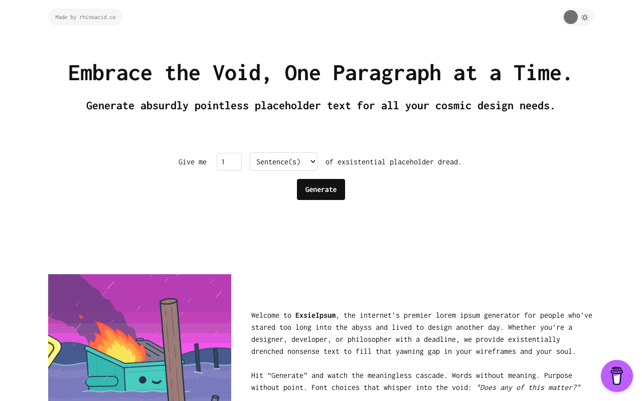 ExsieIpsum - An existential AI lorem ipsum generator that fills your designs with absurdity lorem-ipsum AI placeholder-text