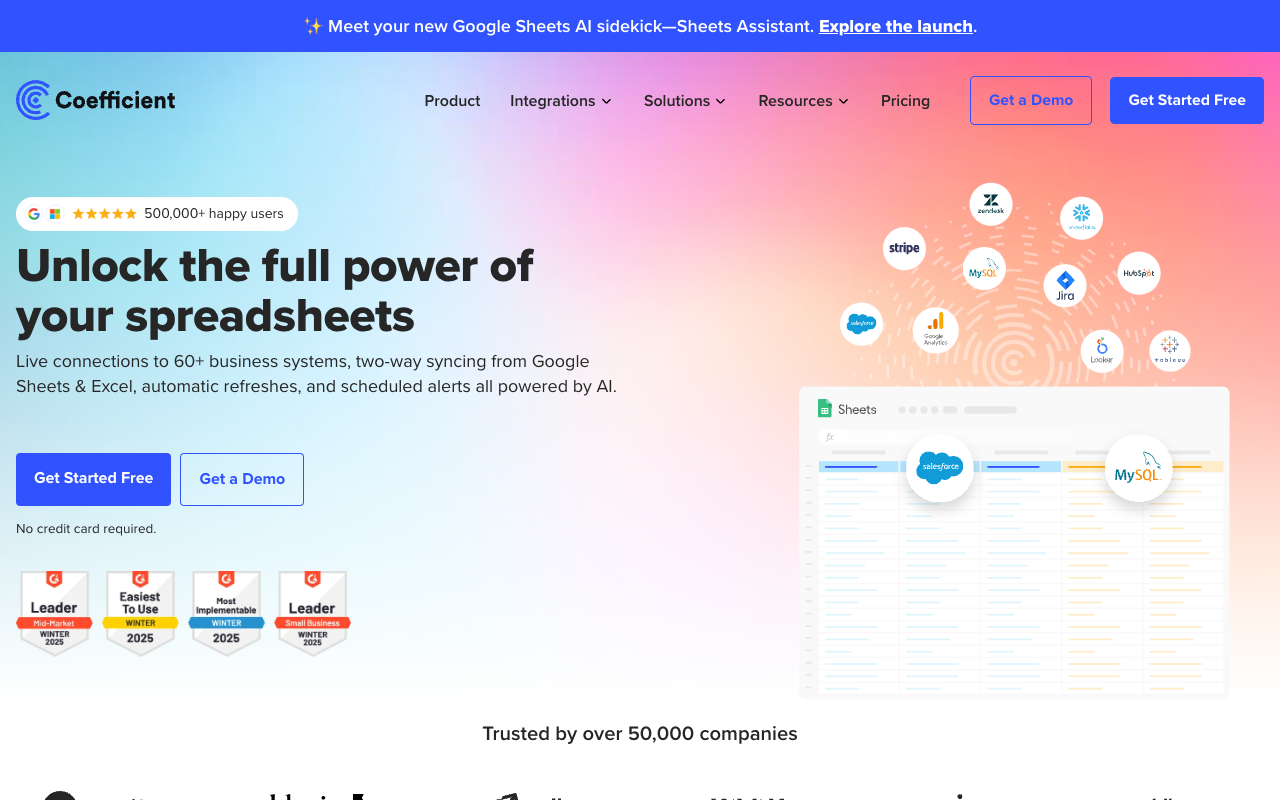 AI Sheets Assistant by Coefficient - The smarter AI assistant for Google Sheets AI Google Sheets productivity