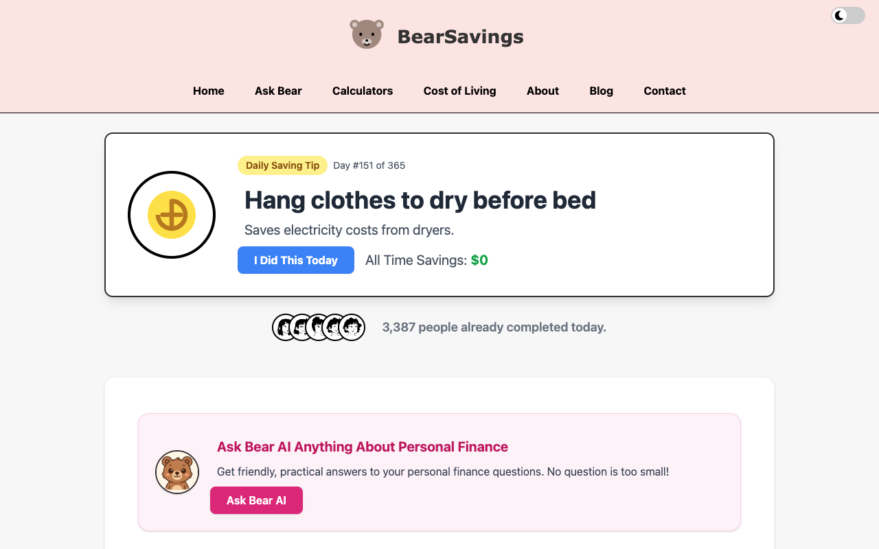BearSavings 2.0 - Simplify personal finance with daily saving tips, tools & AI personal-finance saving-tips AI