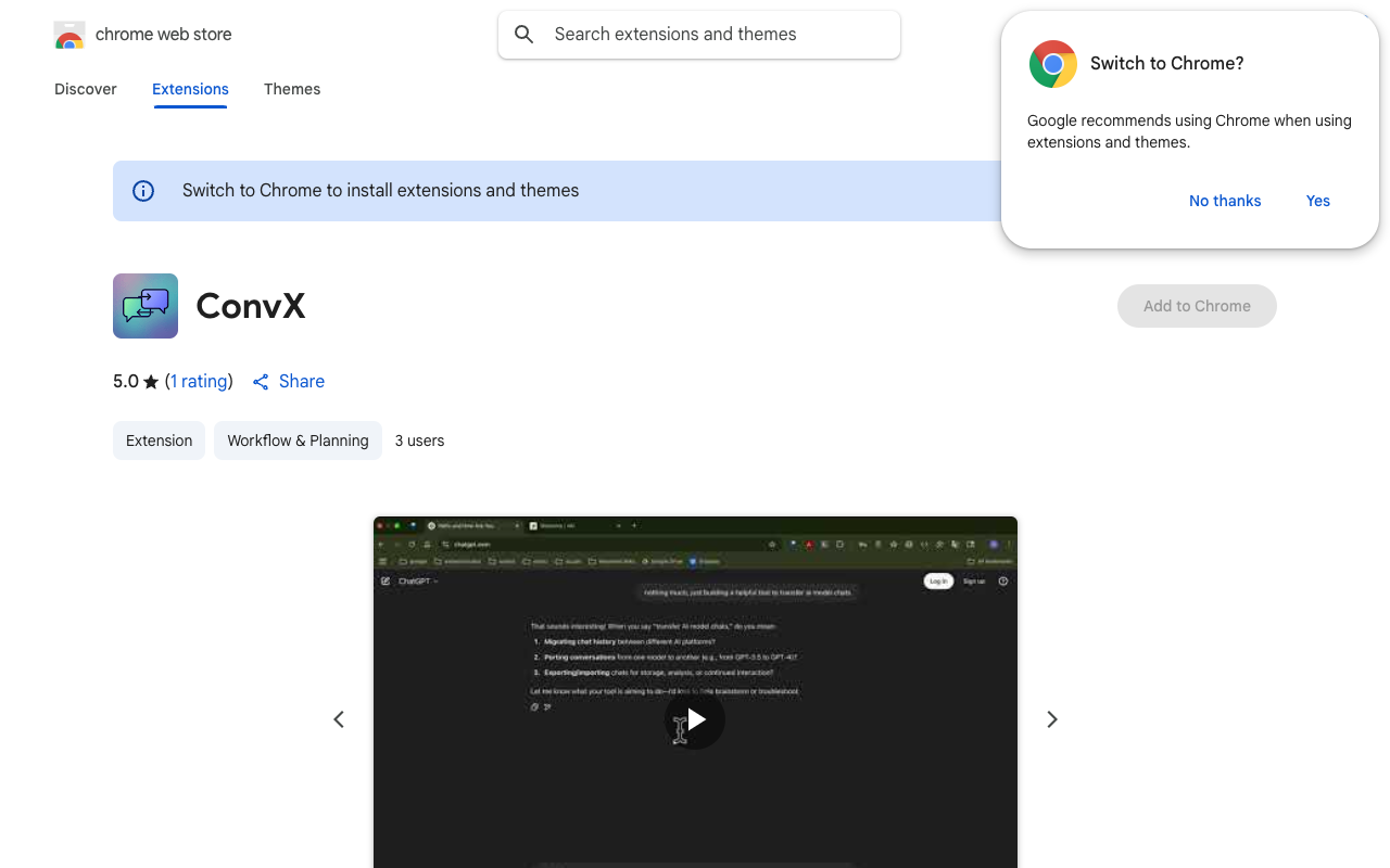 ConvX - Easily transfer conversations between AI models with a click AI chat-transfer productivity