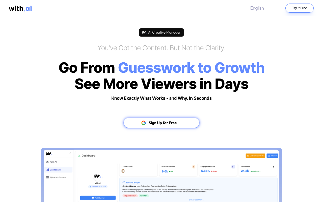 WITH ai - An AI Dashboard and Manager for Content Creators AI content-creation analytics
