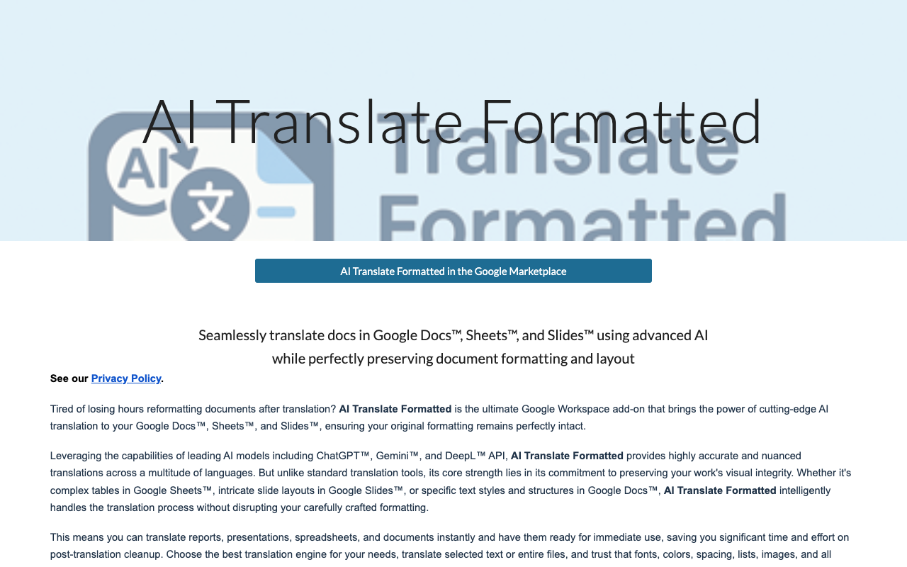 AI Translate Formatted - Seamlessly translate Google Docs, Sheets, and Slides while preserving formatting translation AI Google Workspace
