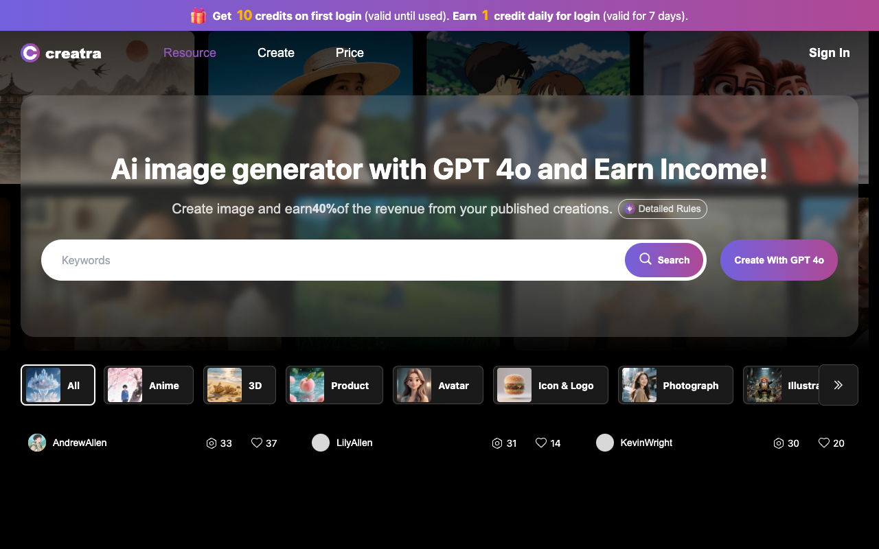 Creatra Art - An AI image generator that allows you to create images and earn income