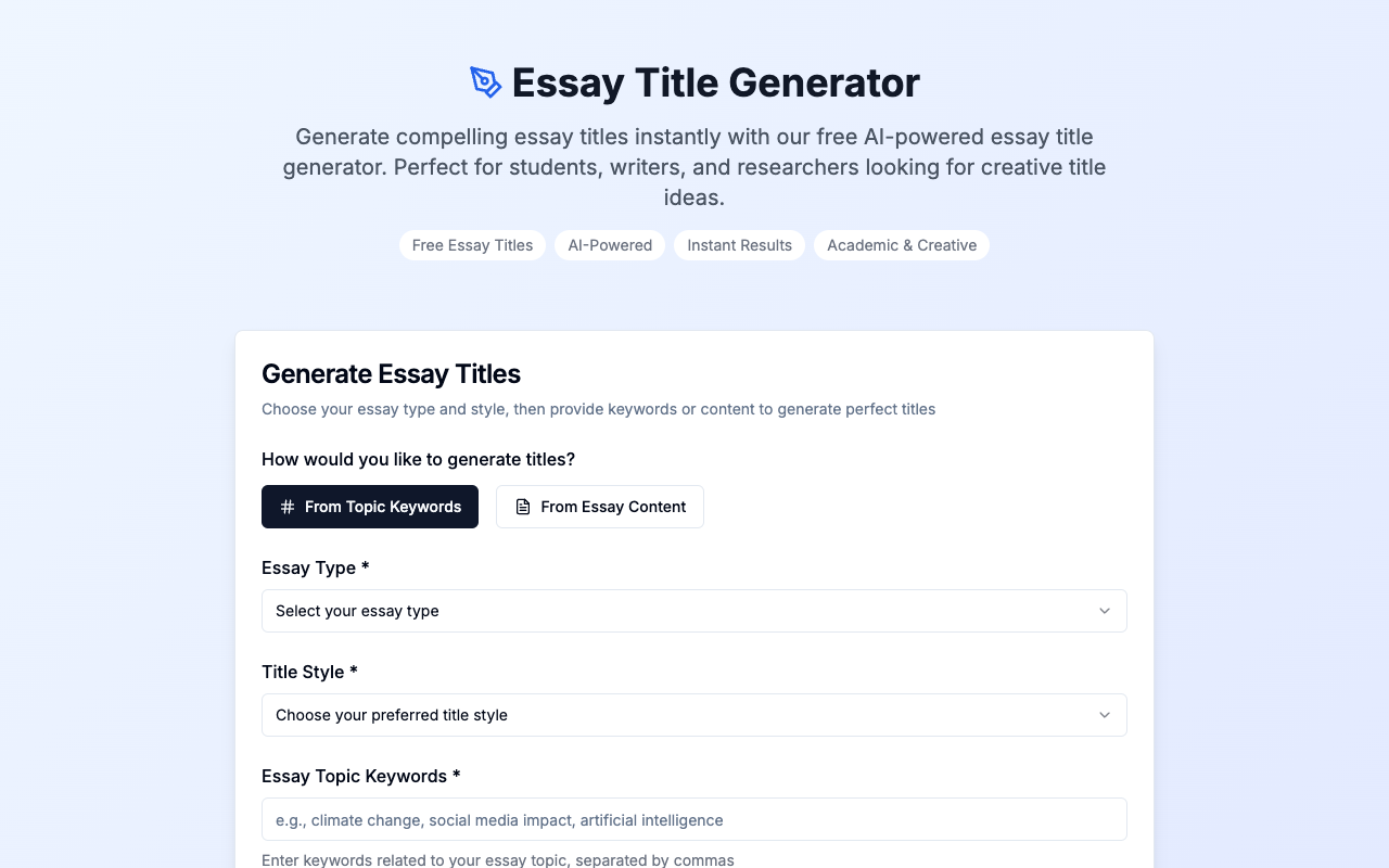 Essay Title Generator - An AI tool to create engaging titles for academic essays