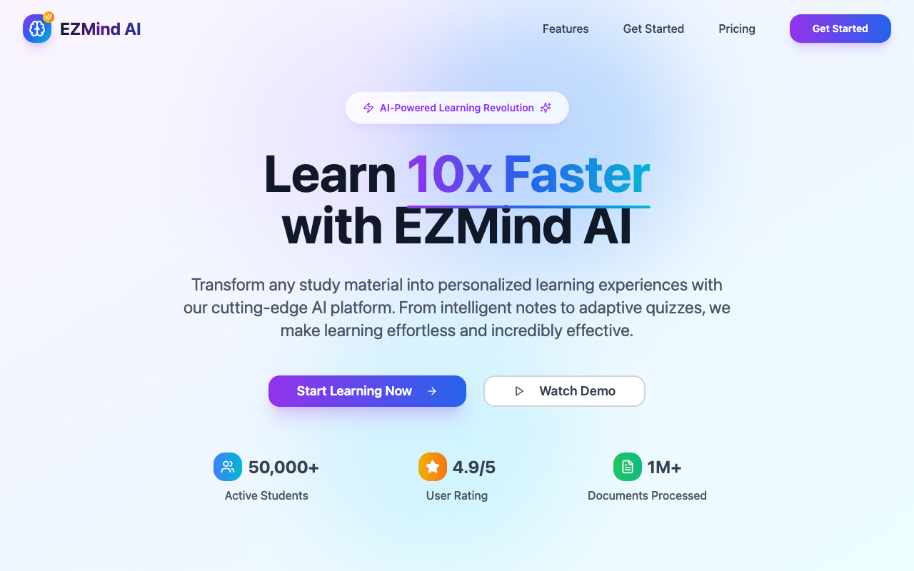 EZMind AI - An all-in-one AI study tool that helps you learn faster with notes, quizzes, and flashcards