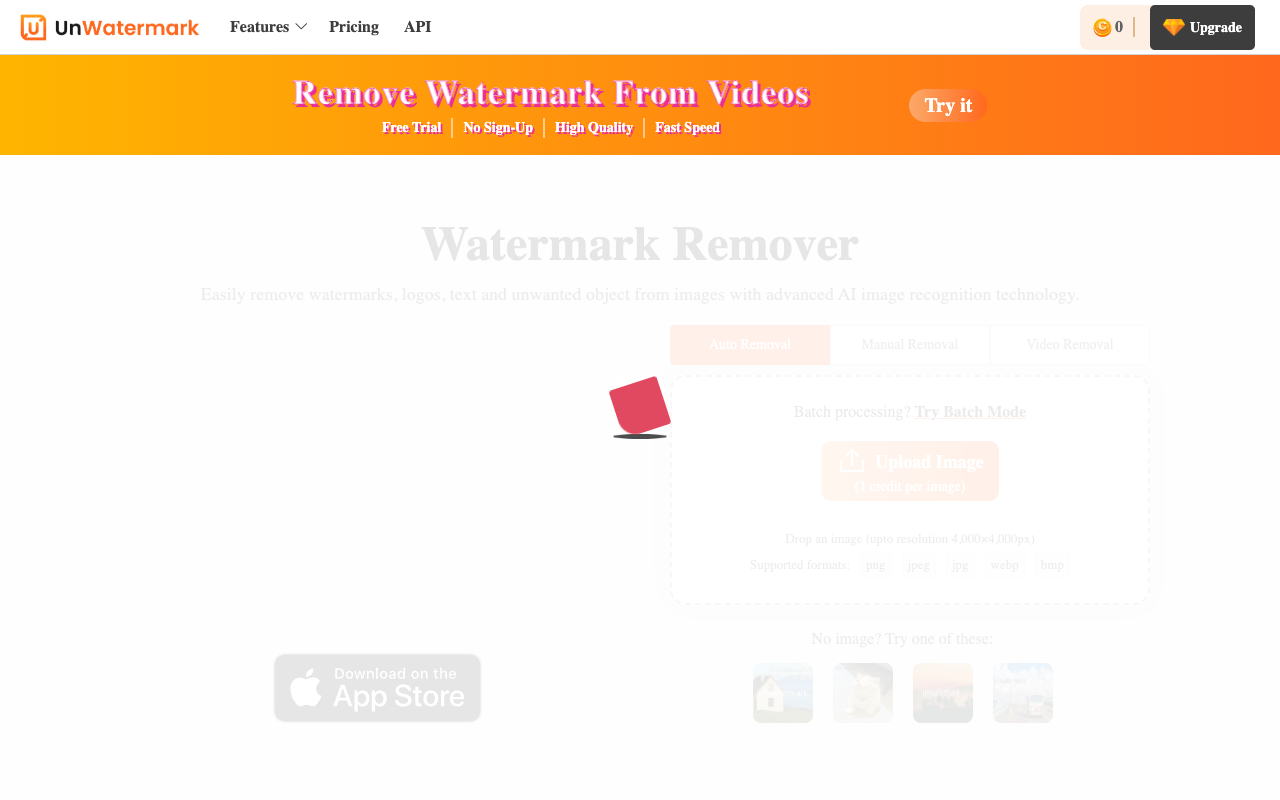 Unwatermark AI - An AI-powered tool to remove watermarks from images and videos instantly watermark-remover AI image-processing
