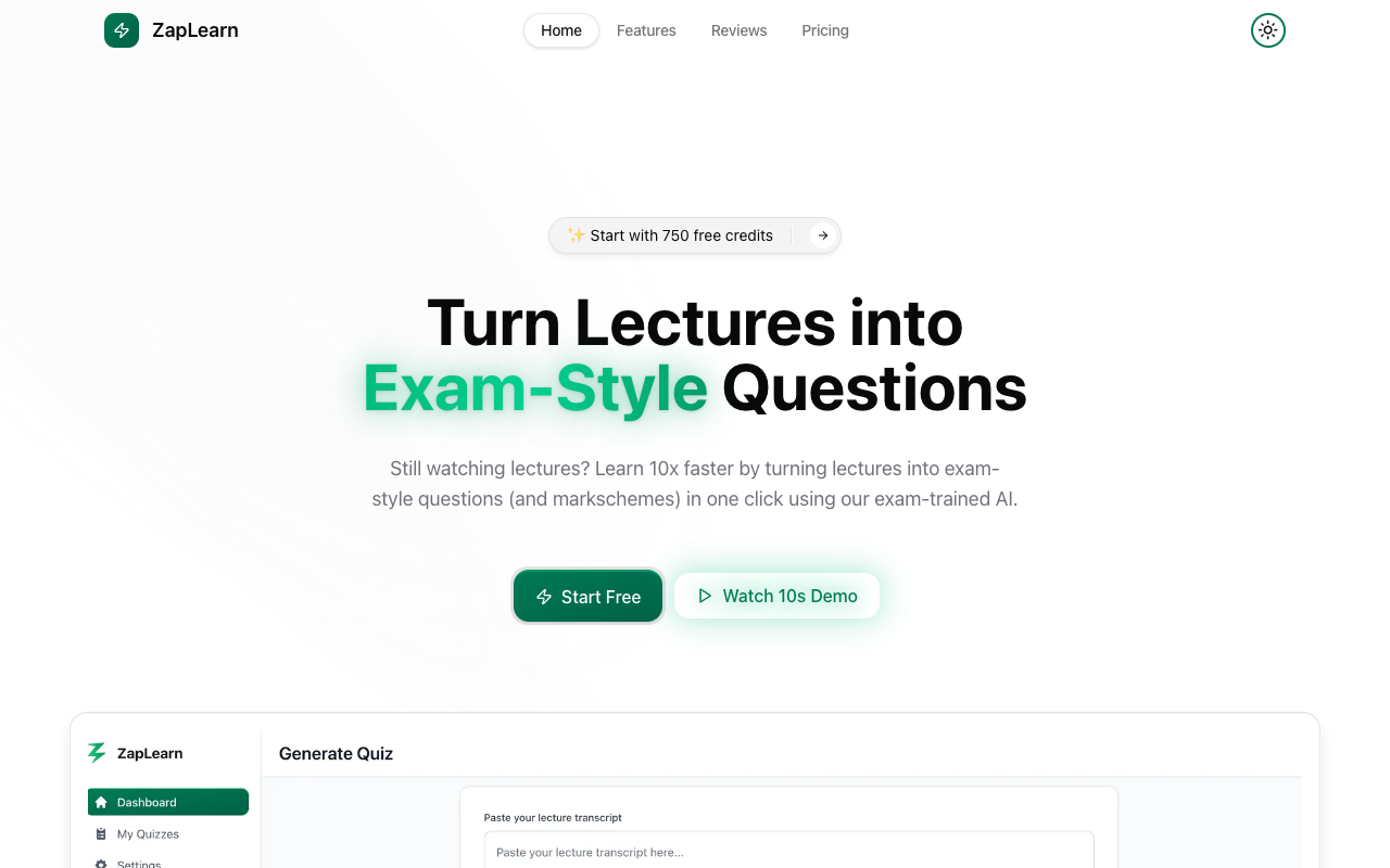 ZapLearn - An AI tool that turns your lectures into exam-style questions with ease