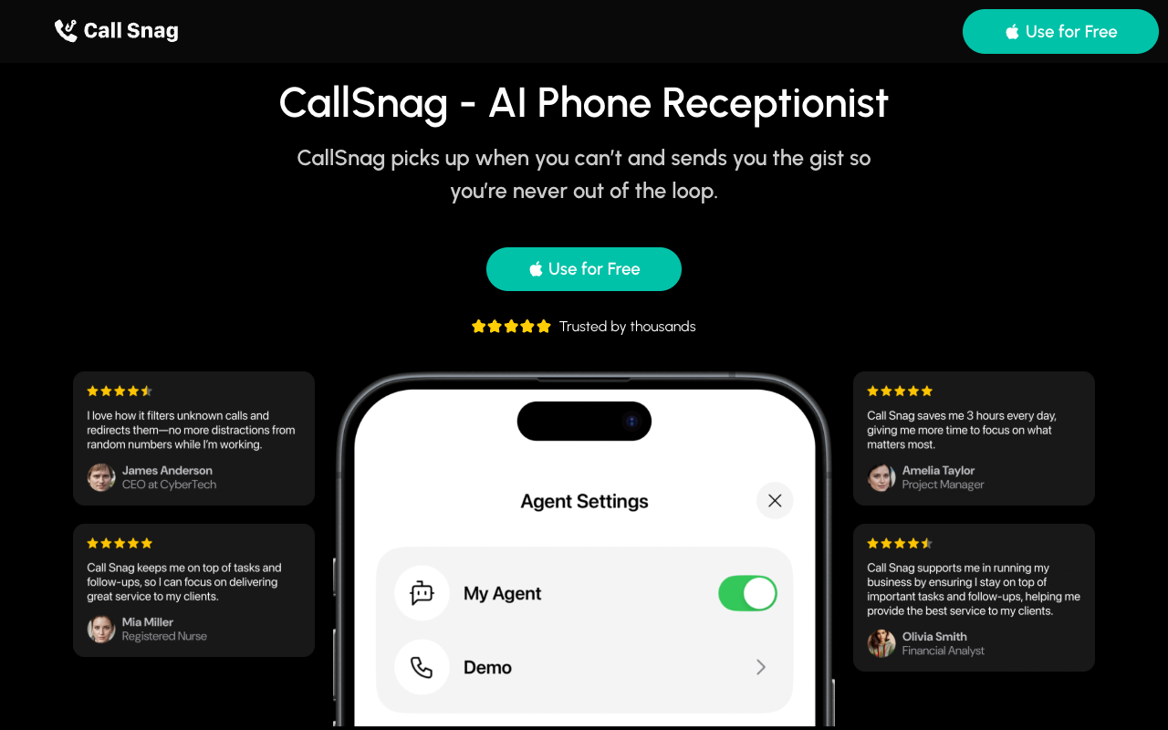 Call Snag - An AI voice receptionist app that answers and summarizes your missed calls AI voice-receptionist communication