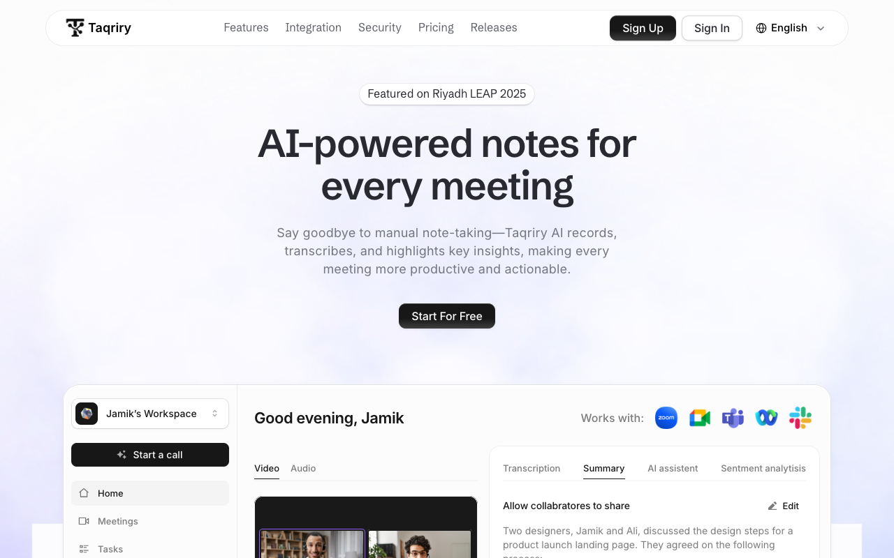 Taqriry.ai - An AI meeting assistant that transcribes and automates notes for Arabic and English