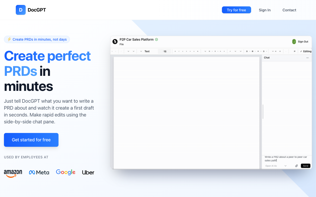 DocGPT - An AI-powered document editor that helps you create PRDs in minutes AI document-editor PRD
