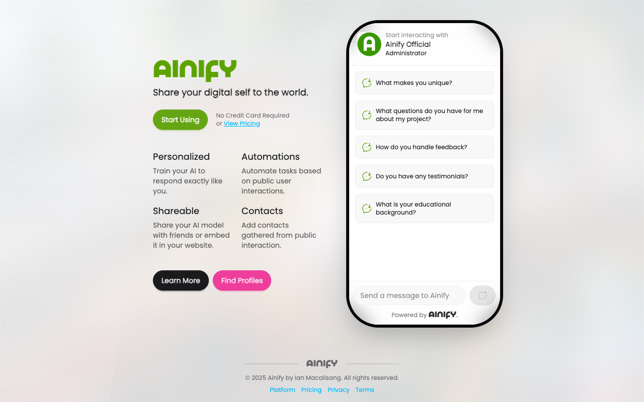 Ainify - Create and share your digital self with an intelligent AI twin
