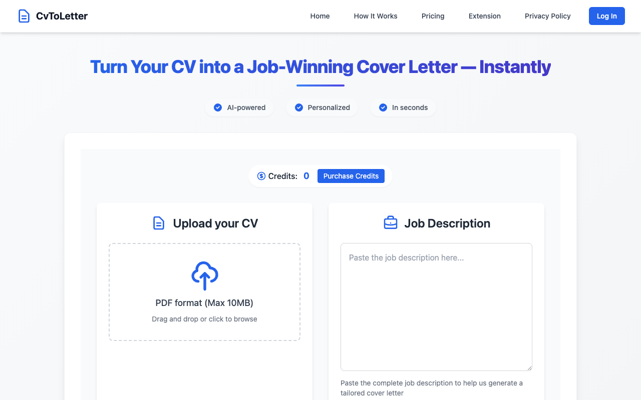 CvToLetter - An AI tool that creates personalized cover letters from your CV and job descriptions