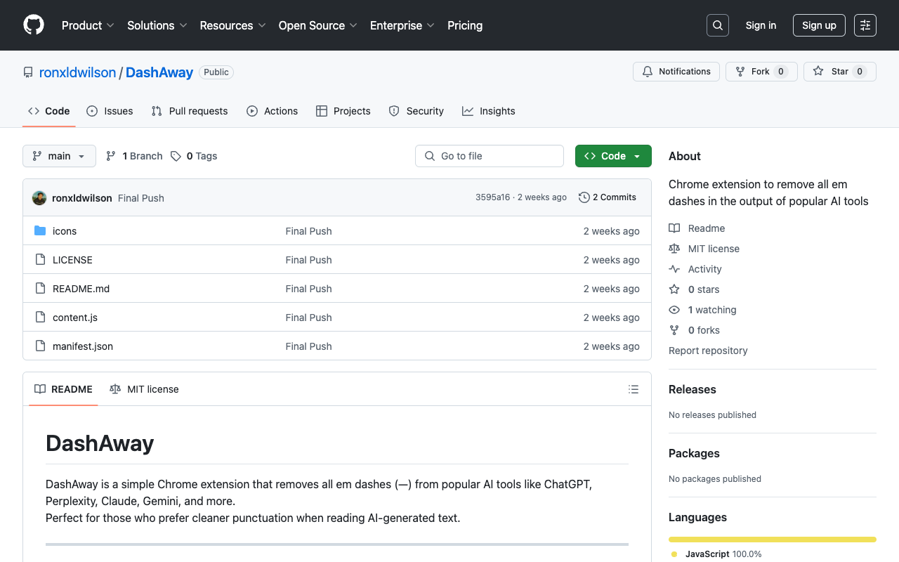 DashAway - A simple Chrome extension to remove all em dashes from AI tools