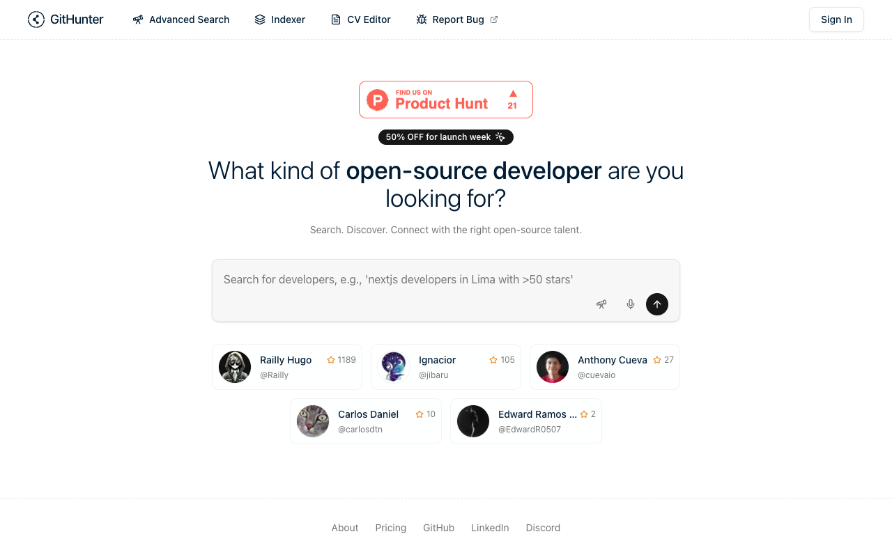 GitHunter - An AI tool to easily find GitHub developers using natural language search