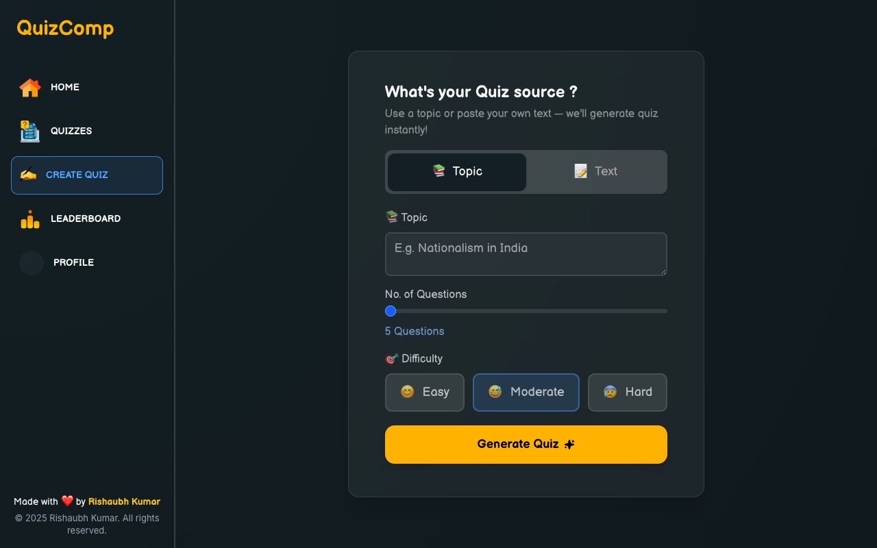 QuizComp - Create quizzes easily from any topic or your own text