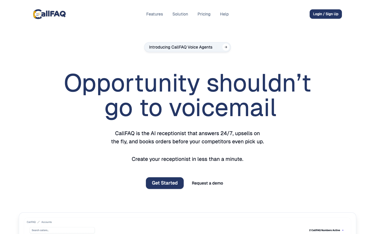 CallFAQ - A 24/7 AI receptionist that ensures you never miss a customer call