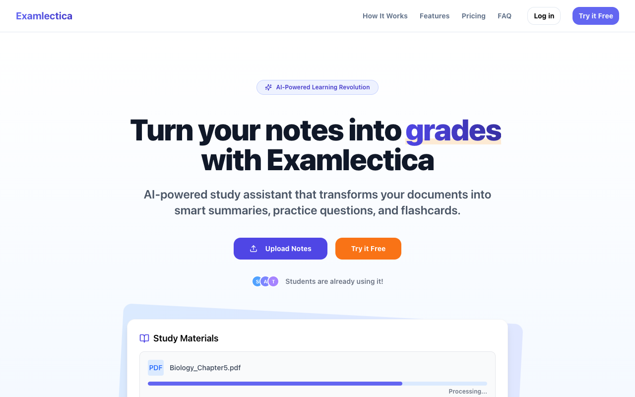 Examlectica - An AI study assistant that transforms notes into flashcards, quizzes, and summaries