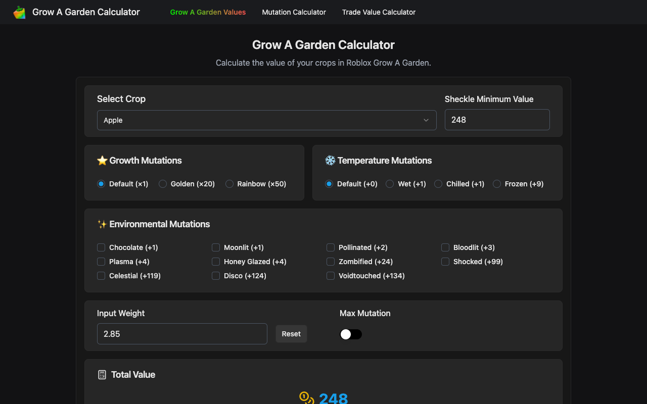Grow A Garden Calculator - A tool to evaluate crop values and analyze trades in Roblox