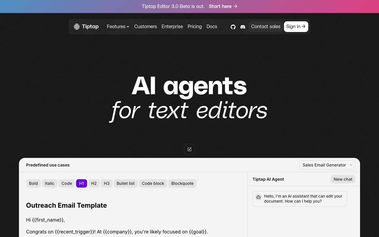 Tiptap AI Agent - Easily integrate an AI agent into your rich text editor