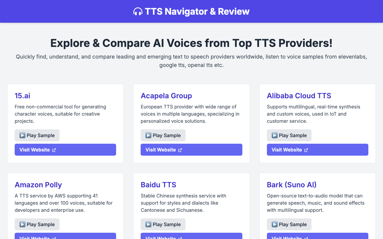TTSNav - Compare AI Voices from Top Text-to-Speech Providers Easily
