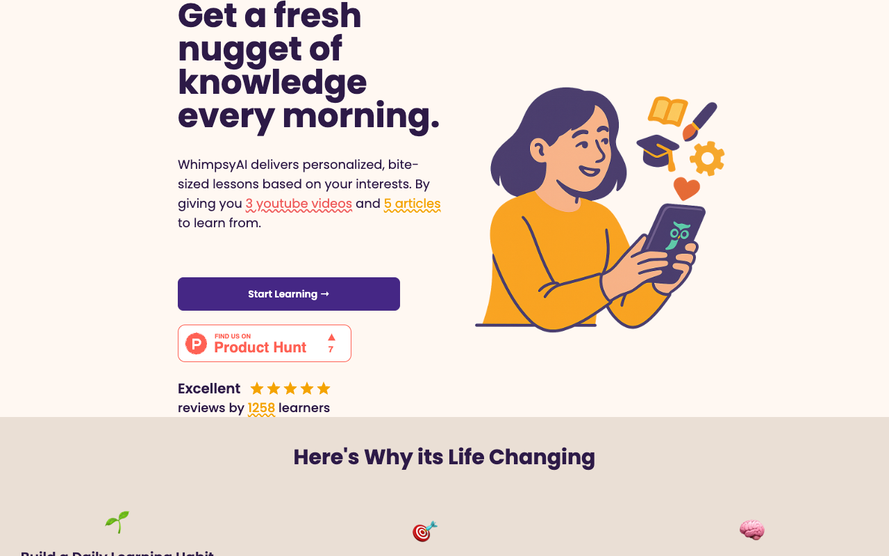 WhimpsyAI - A daily personalized learning platform that helps you discover new things based on your interests