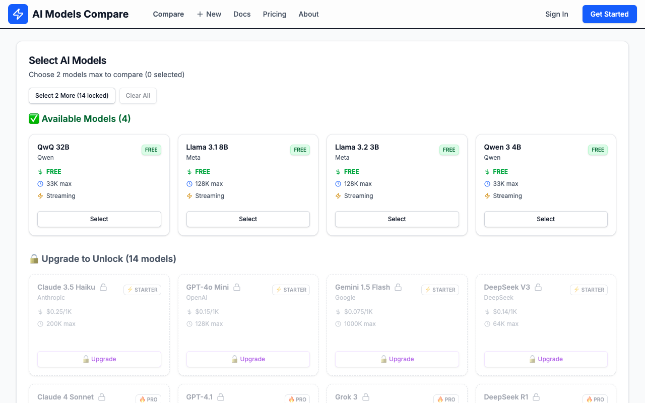 AI Models Compare - Easily compare AI models side by side with one prompt