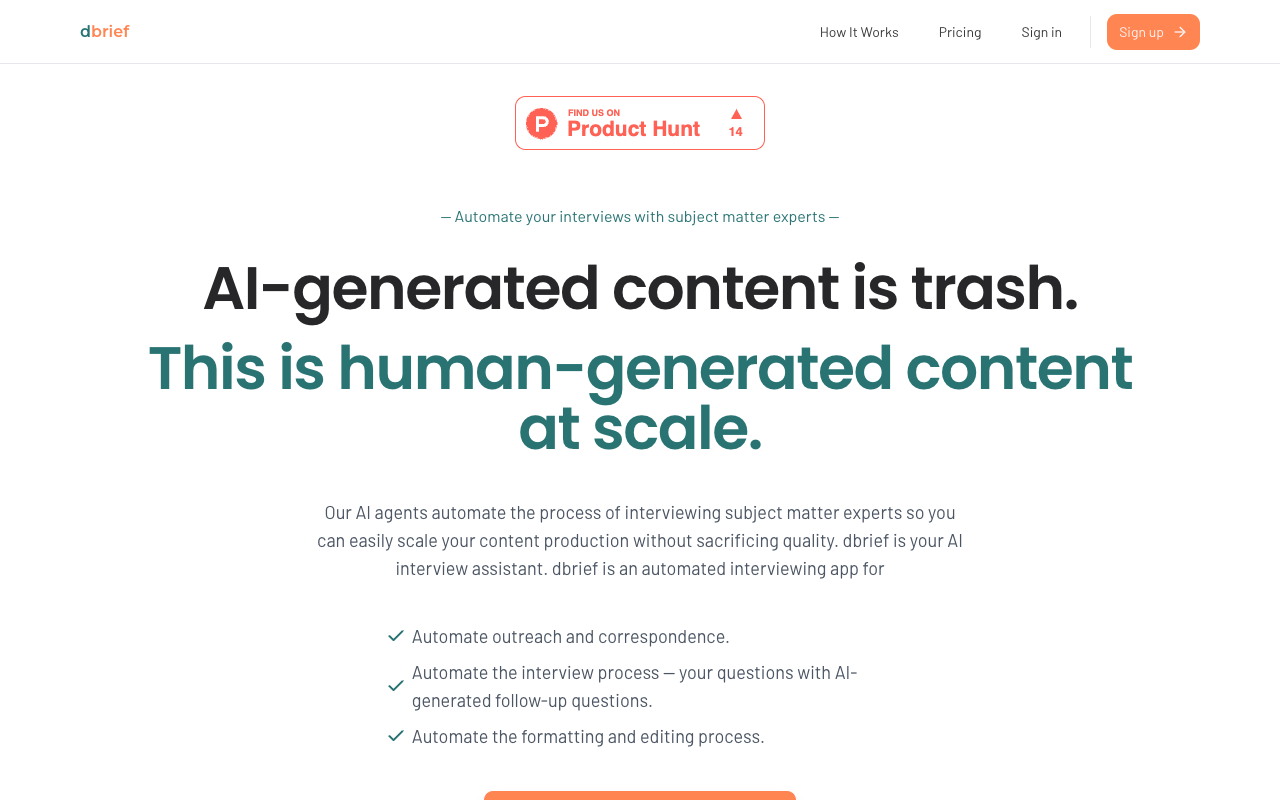 dbrief - Automate your interviews with subject matter experts for quality content