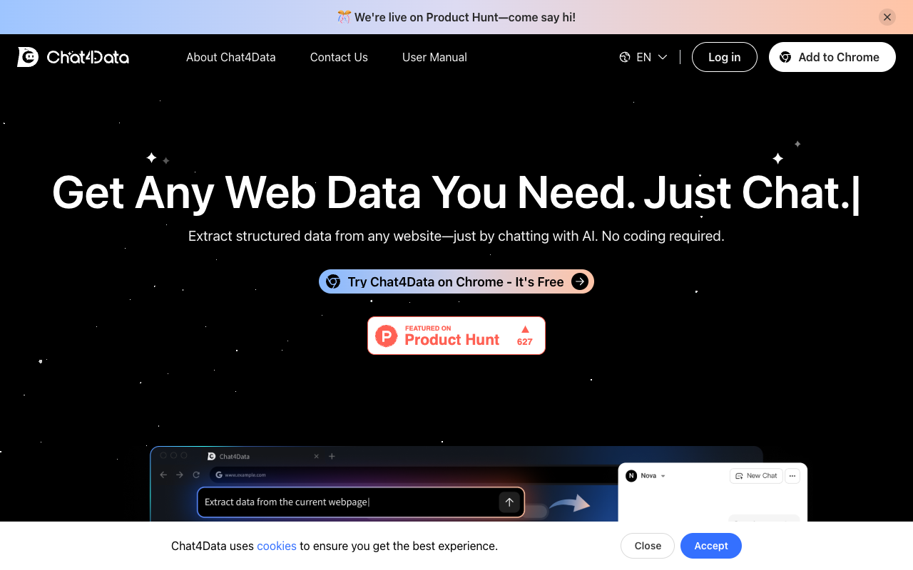 Chat4Data - An AI-powered Chrome extension for effortless web scraping using natural language