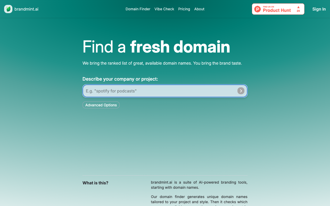 Domain Finder by brandmint.ai - Discover the best available domains ranked for brandability