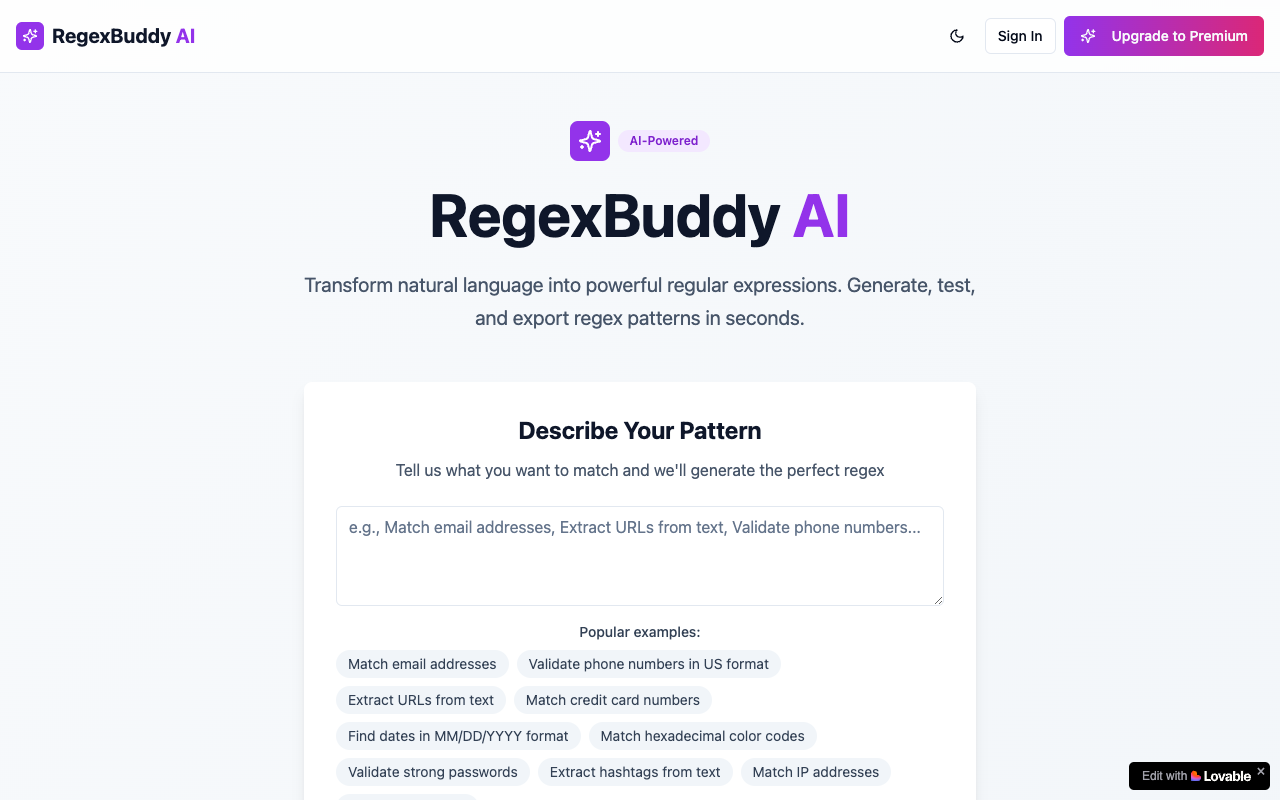 RegexBuddy AI - An AI tool that turns plain English into working regex patterns regex AI development