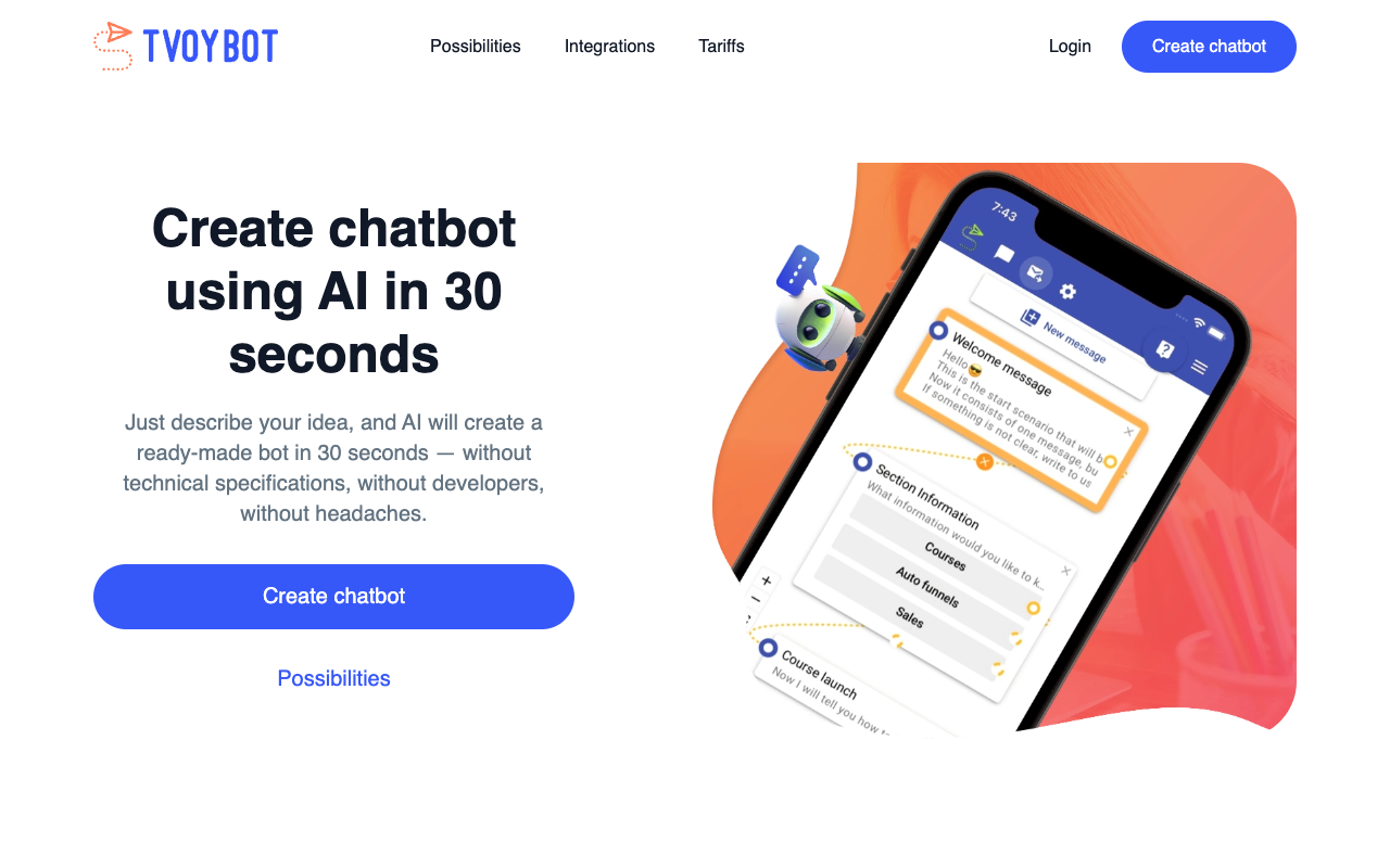 TvoyBot - AI for creating chatbots: Describe idea and get working bot in 30 seconds chatbot AI automation