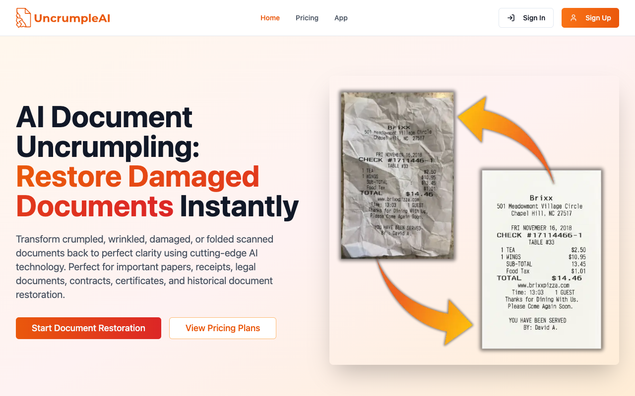 UncrumpleAI - An AI tool that instantly restores crumpled scanned documents document-restoration AI scanned-documents