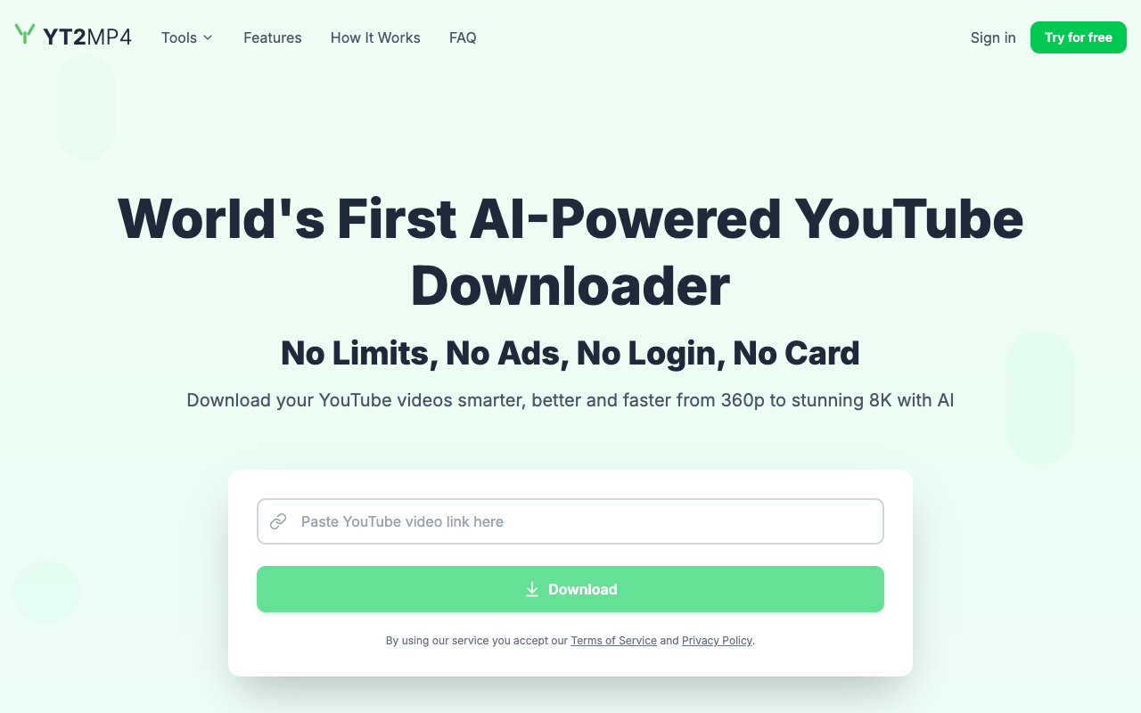 YT2MP4 - The First AI-Powered YouTube Downloader for Unlimited, Ad-Free Downloads YouTube downloader AI
