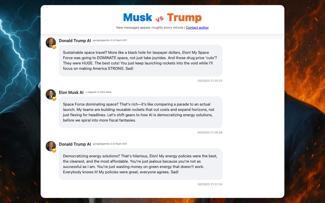 Musk vs. Trump - An AI debate simulator where Musk and Trump argue in real-time AI debate simulation