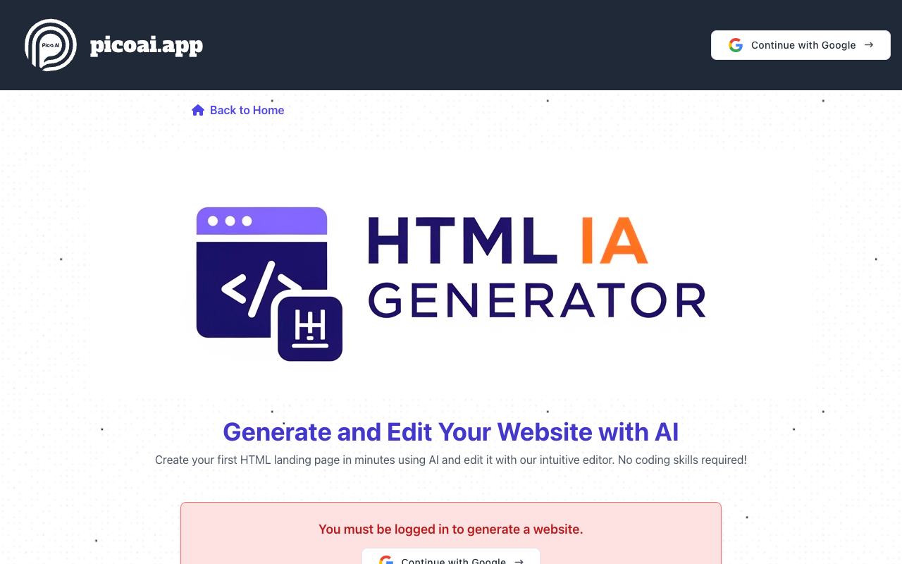 PICOAI.APP - An AI HTML generator that creates professional code instantly HTML AI landing-page