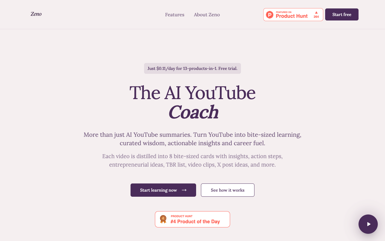 Zeno - The Most Complete AI YouTube Curator, Summarizer & Coach AI YouTube summarizer