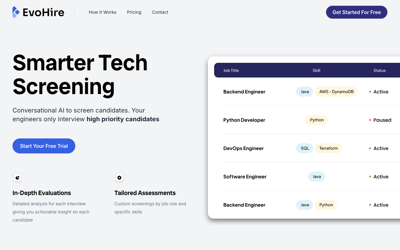 EvoHire - AI Agents for Technical Phone Screens that streamline your hiring process AI recruitment software-engineering